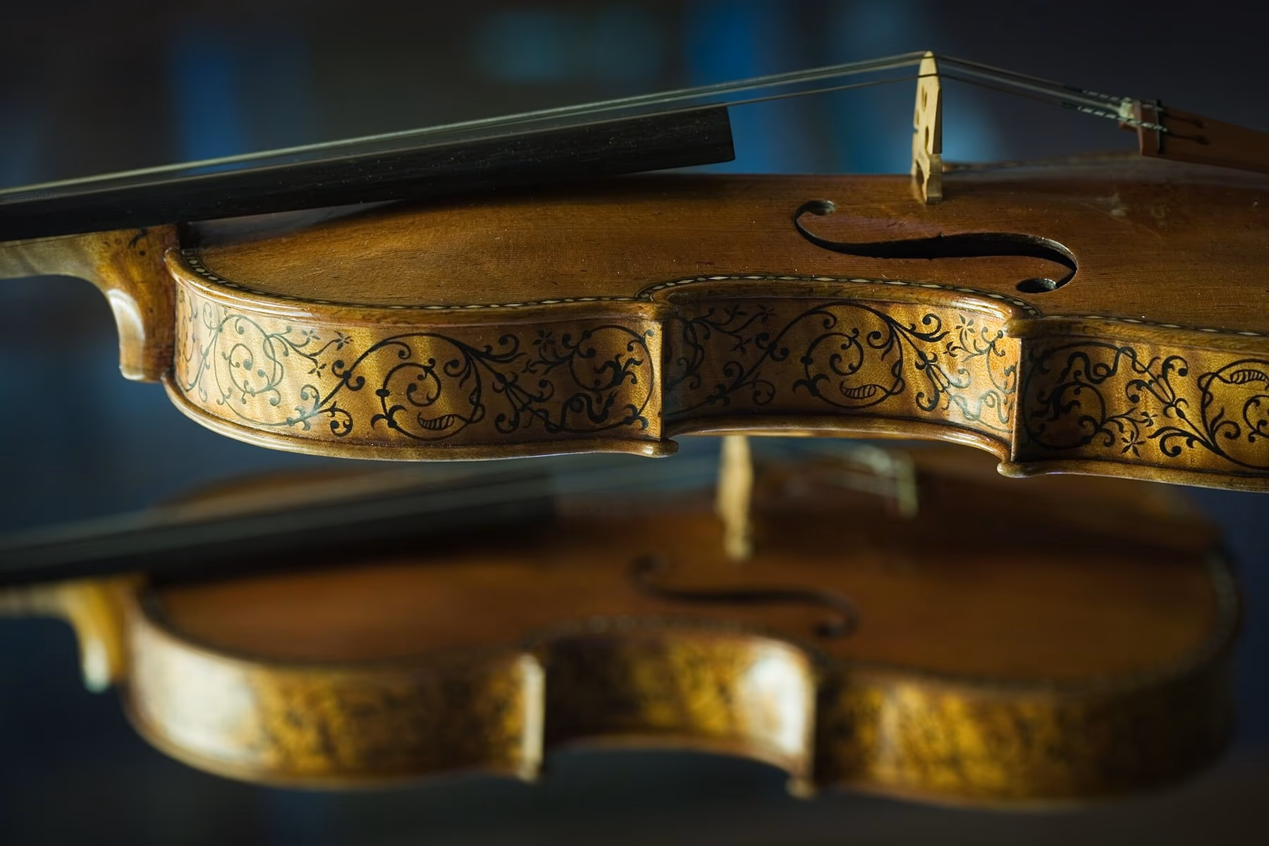 Violini e viole antichi esposti in vetrina al Museo della Musica di Venezia